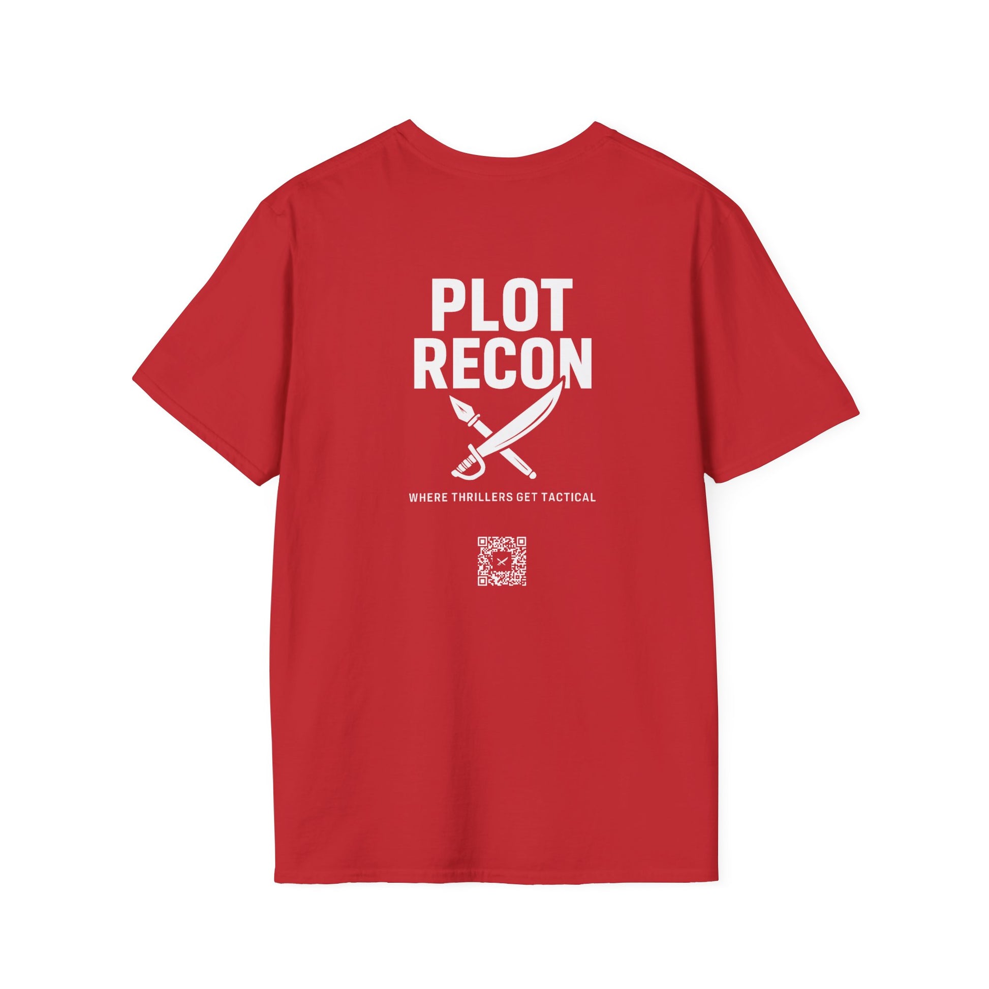 Red t-shirt with white text and graphic on a white background