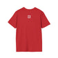 Red t-shirt with a small white QR code logo on the back against a white background