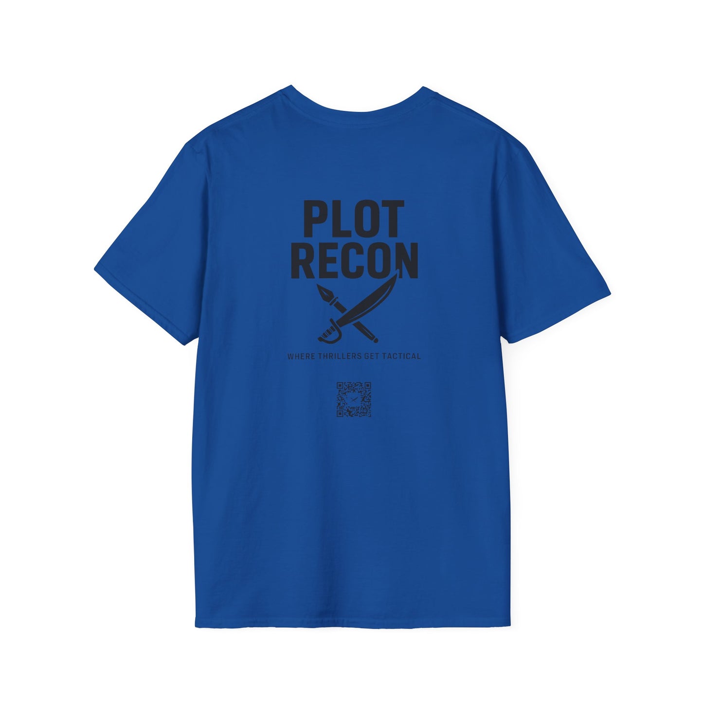 Blue t-shirt with 'PLOT RECON' text and logo on a white background