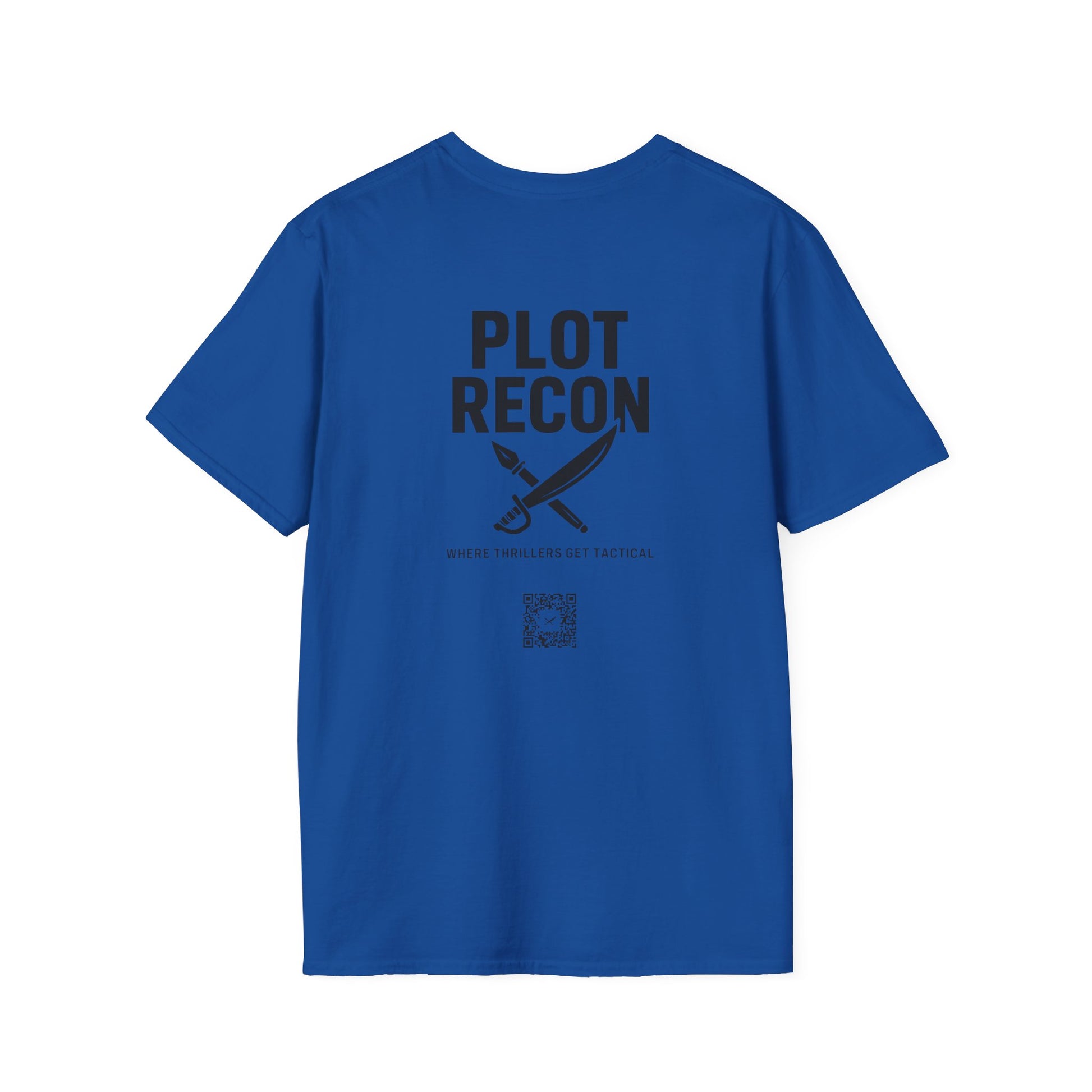 Blue t-shirt with 'PLOT RECON' text and logo on a white background
