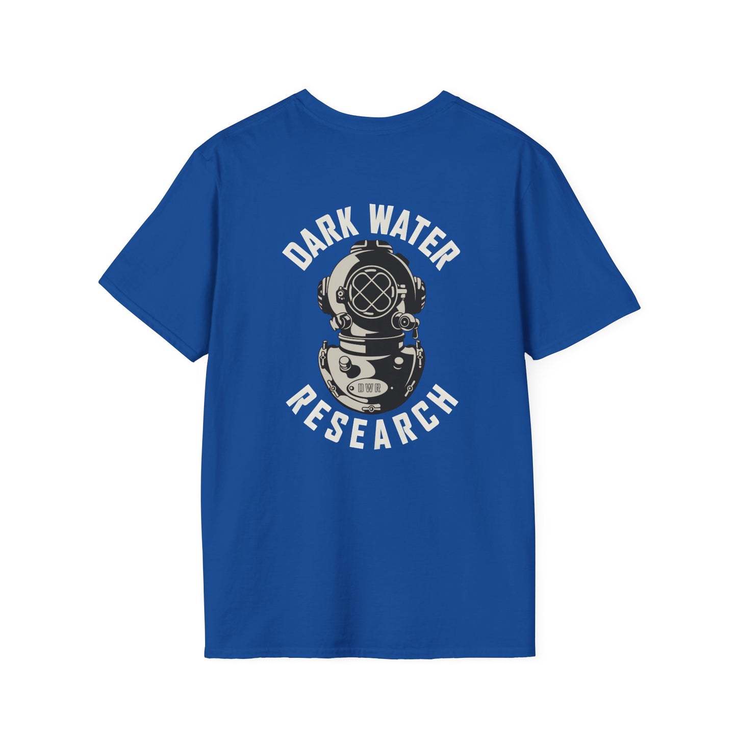 Blue t-shirt with 'Dark Water Research' graphic on a white background