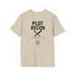 Beige t-shirt with 'Plot Recon' text and graphic on the back, on a white background
