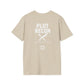 Beige t-shirt with 'PLOT RECON' text and logo on the back against a white background