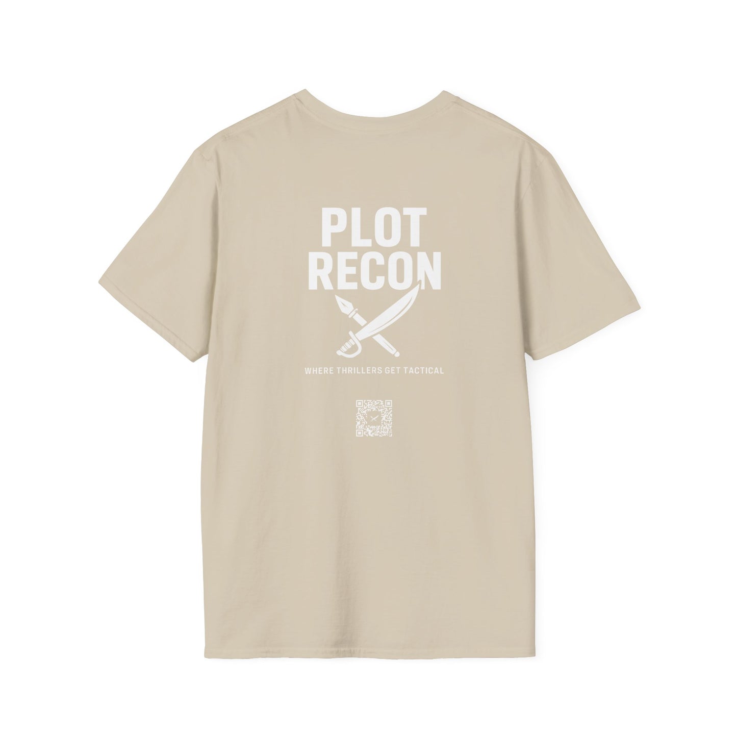 Beige t-shirt with 'PLOT RECON' text and logo on the back against a white background