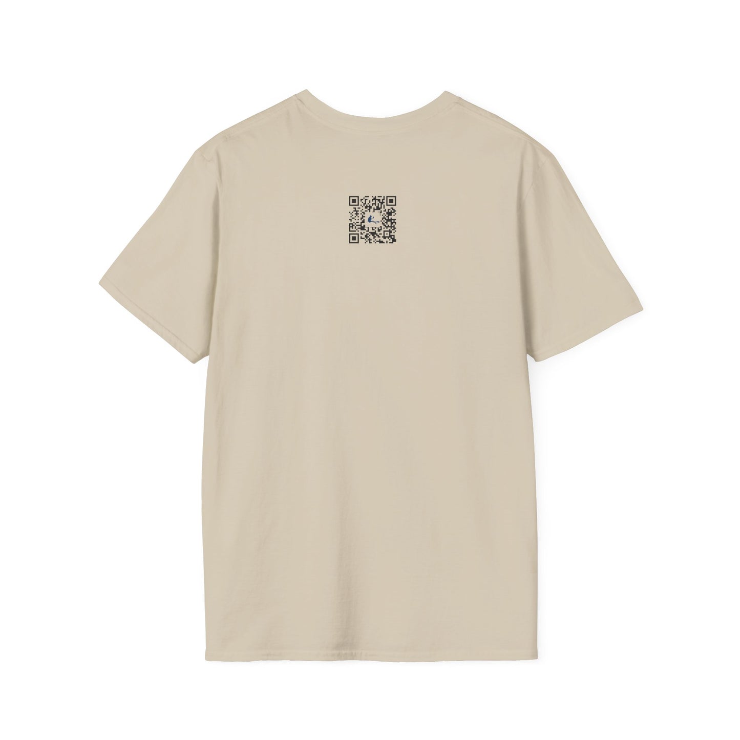 Beige t-shirt with a QR code on the back against a white background