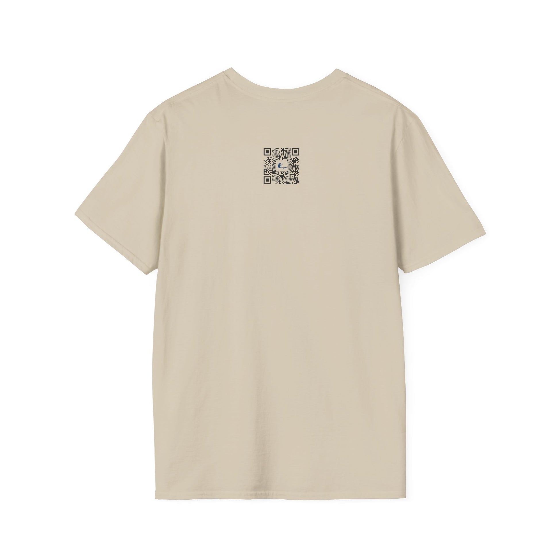 Beige t-shirt with a QR code on the back against a white background