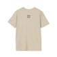 Beige t-shirt with a small QR code logo on the back against a white background