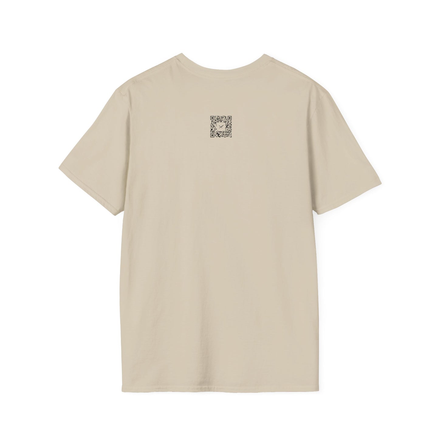 Beige t-shirt with a small QR code logo on the back against a white background