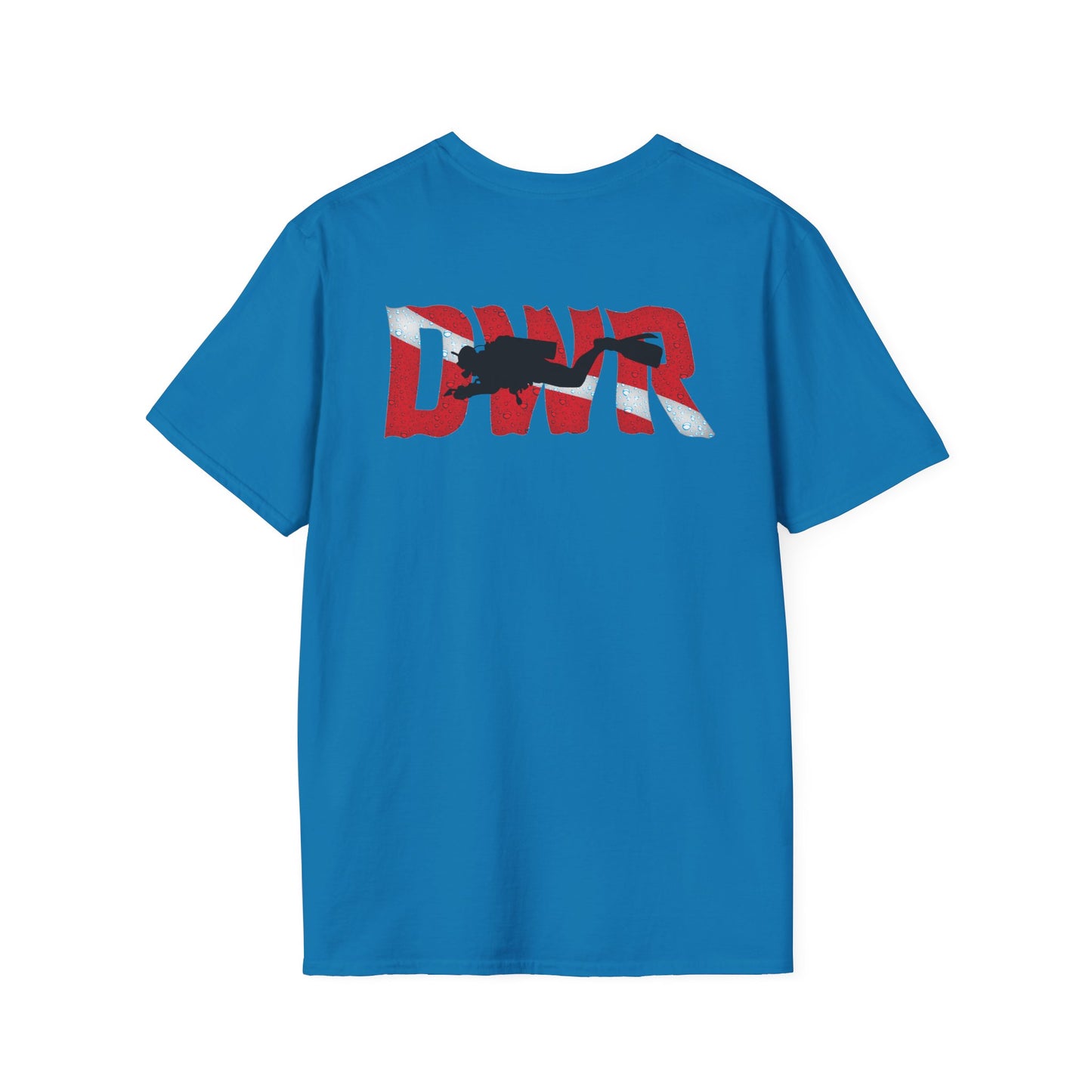 Blue t-shirt with a scuba diver graphic and 'DWR' text on the back against a white background