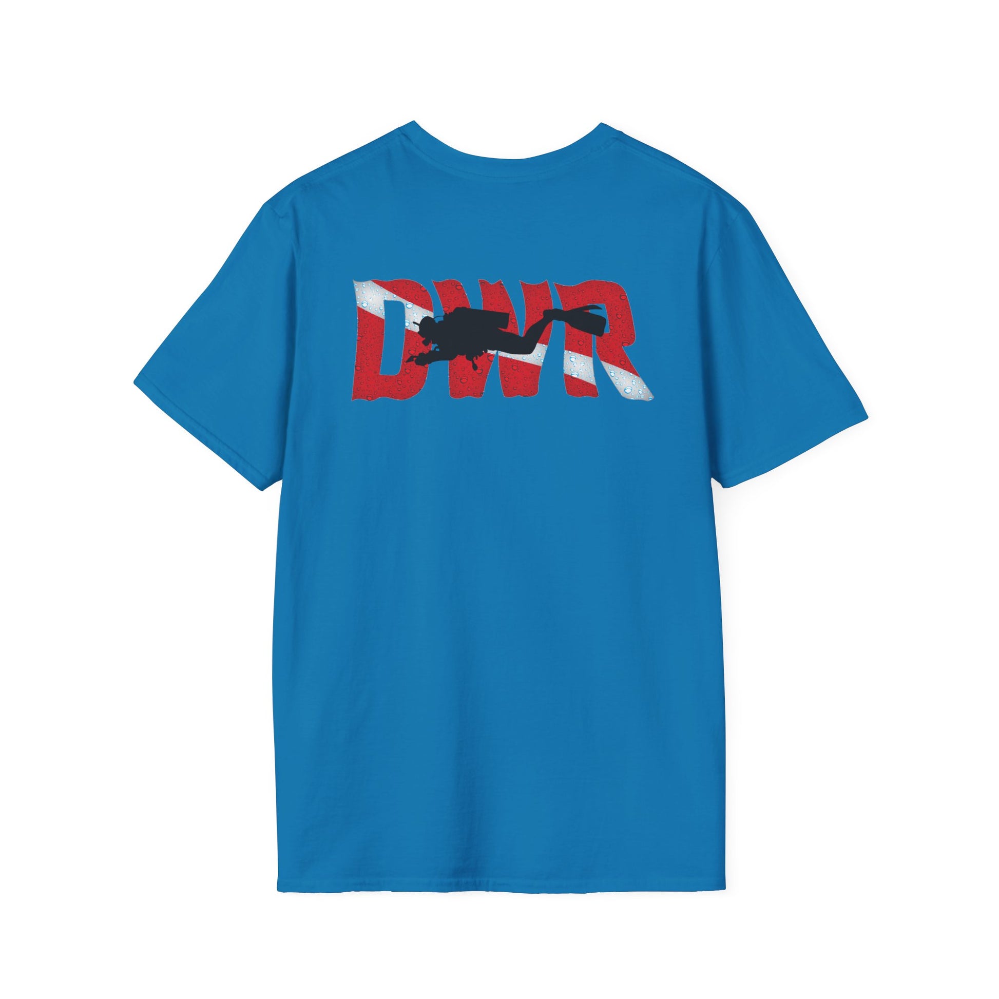 Blue t-shirt with a scuba diver graphic and 'DWR' text on the back against a white background