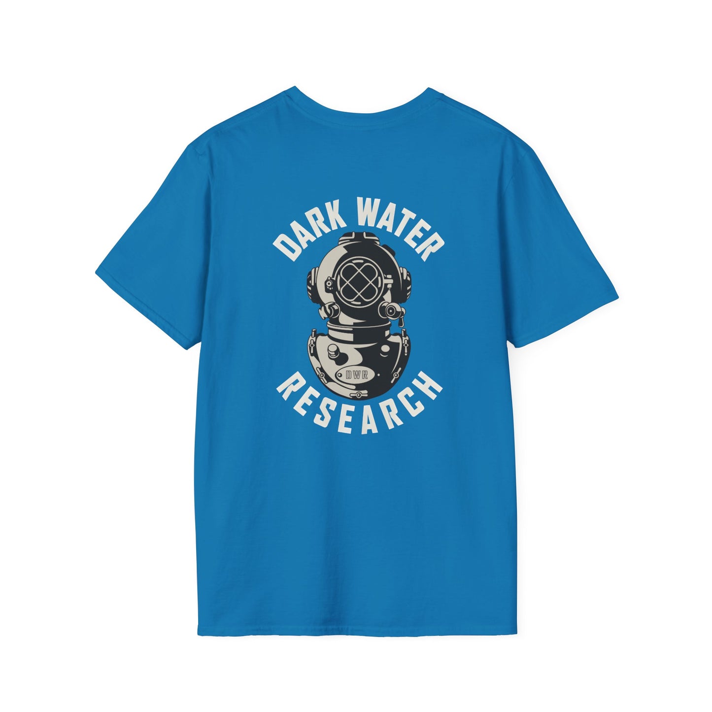 Blue t-shirt with 'Dark Water Research' graphic on the back against a white background