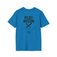 Blue t-shirt with 'PLOT RECON' text and graphic on the back, on a white background