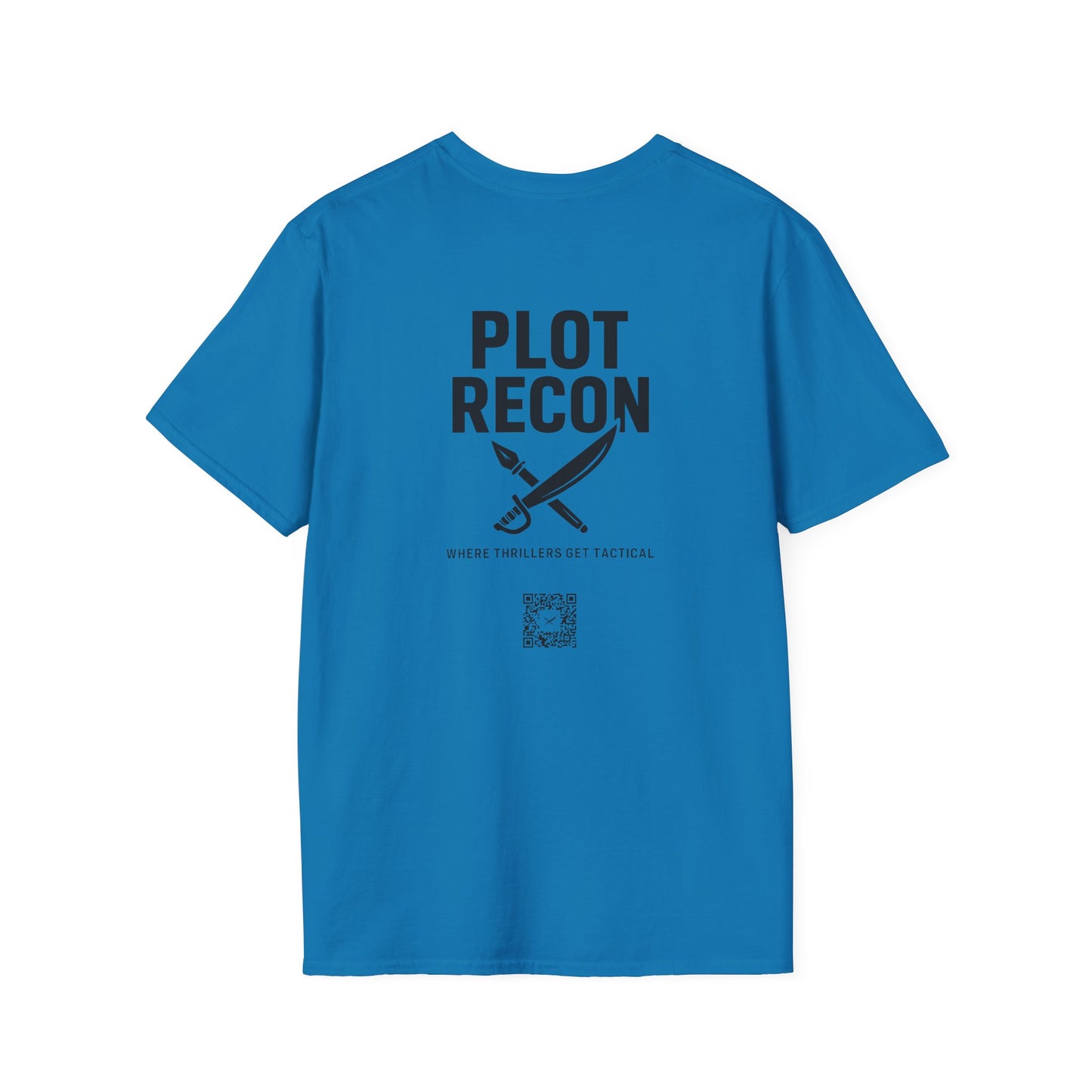 Blue t-shirt with 'PLOT RECON' text and graphic on the back, on a white background