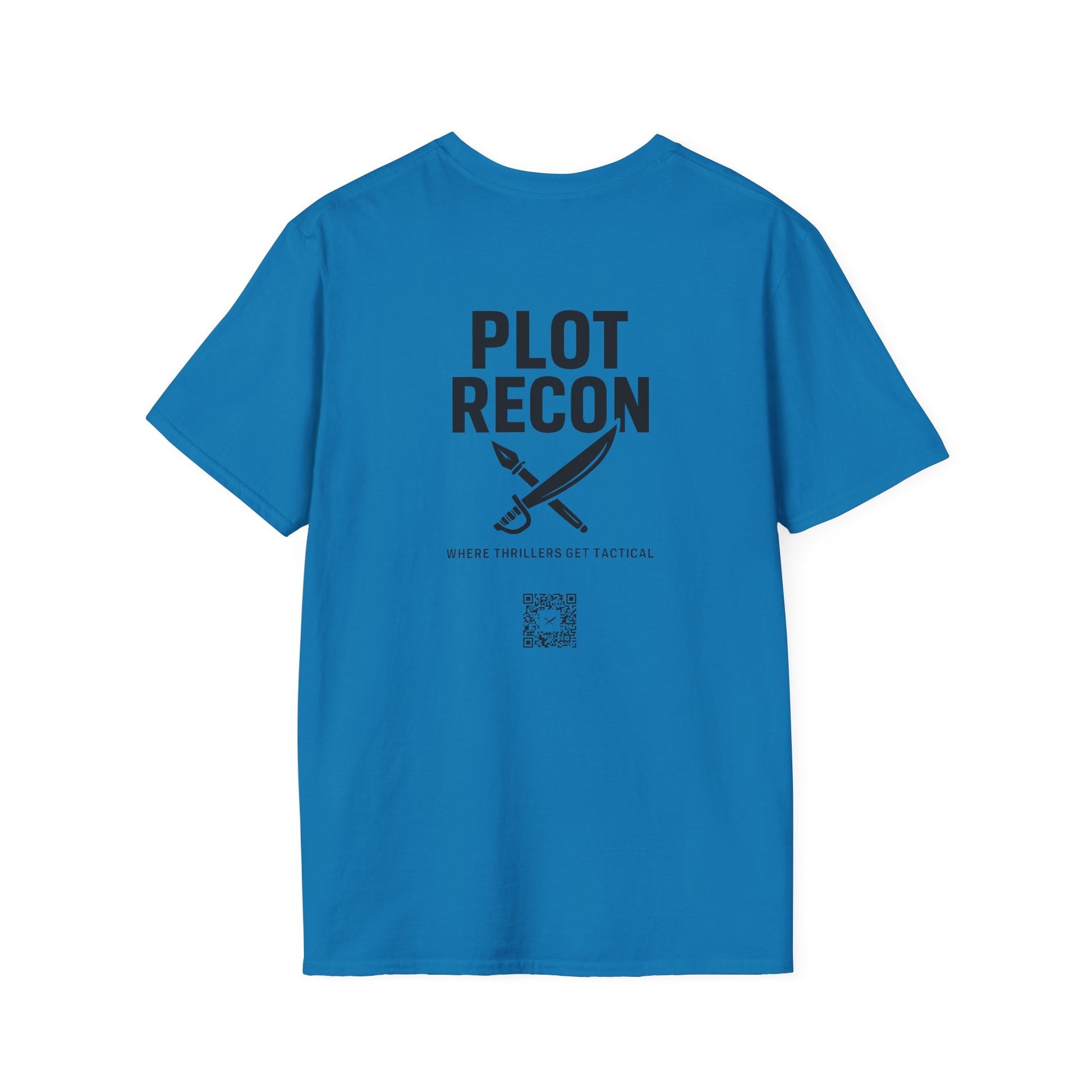 Blue t-shirt with 'PLOT RECON' text and graphic on the back, on a white background