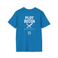 Blue t-shirt with 'PLOT RECON' text and graphic on a white background