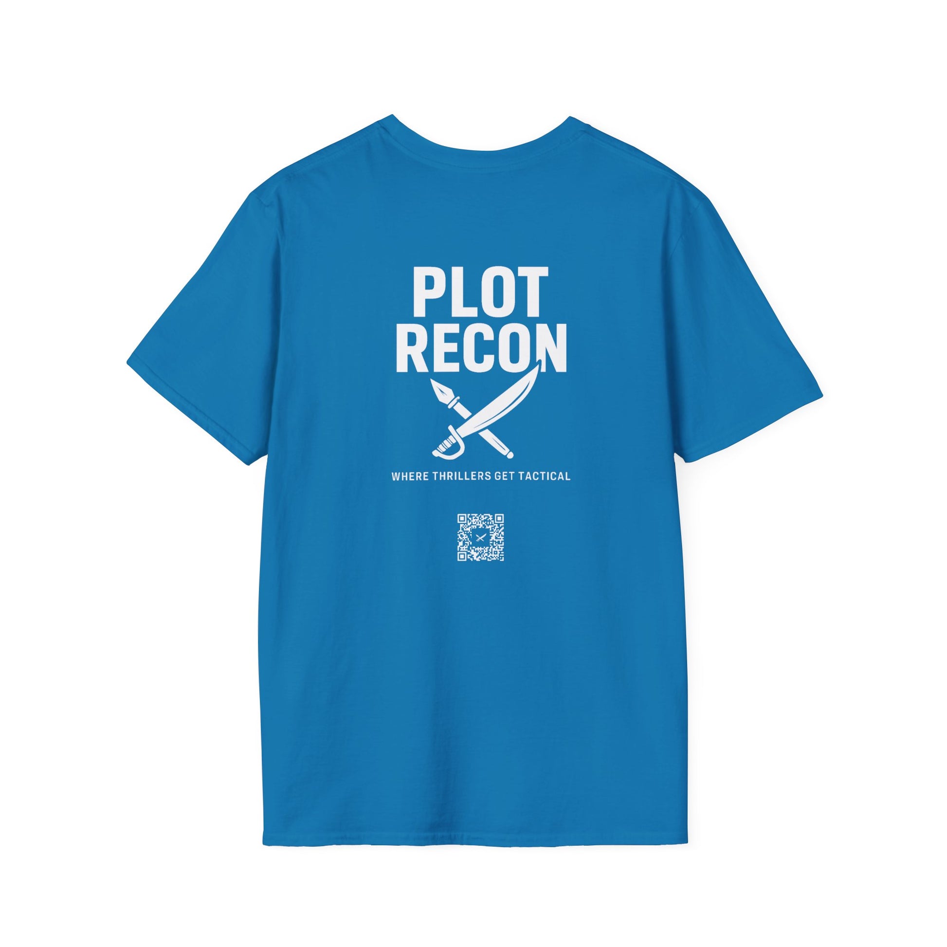 Blue t-shirt with 'PLOT RECON' text and graphic on a white background