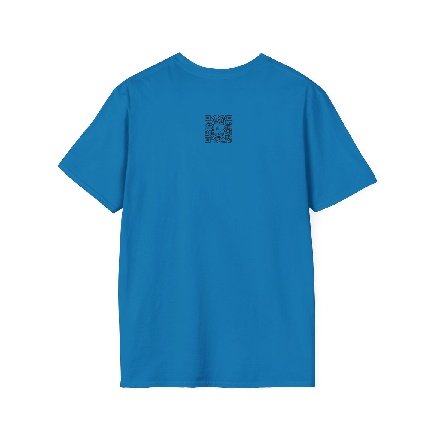 Blue t-shirt with a small black logo on the back against a white background