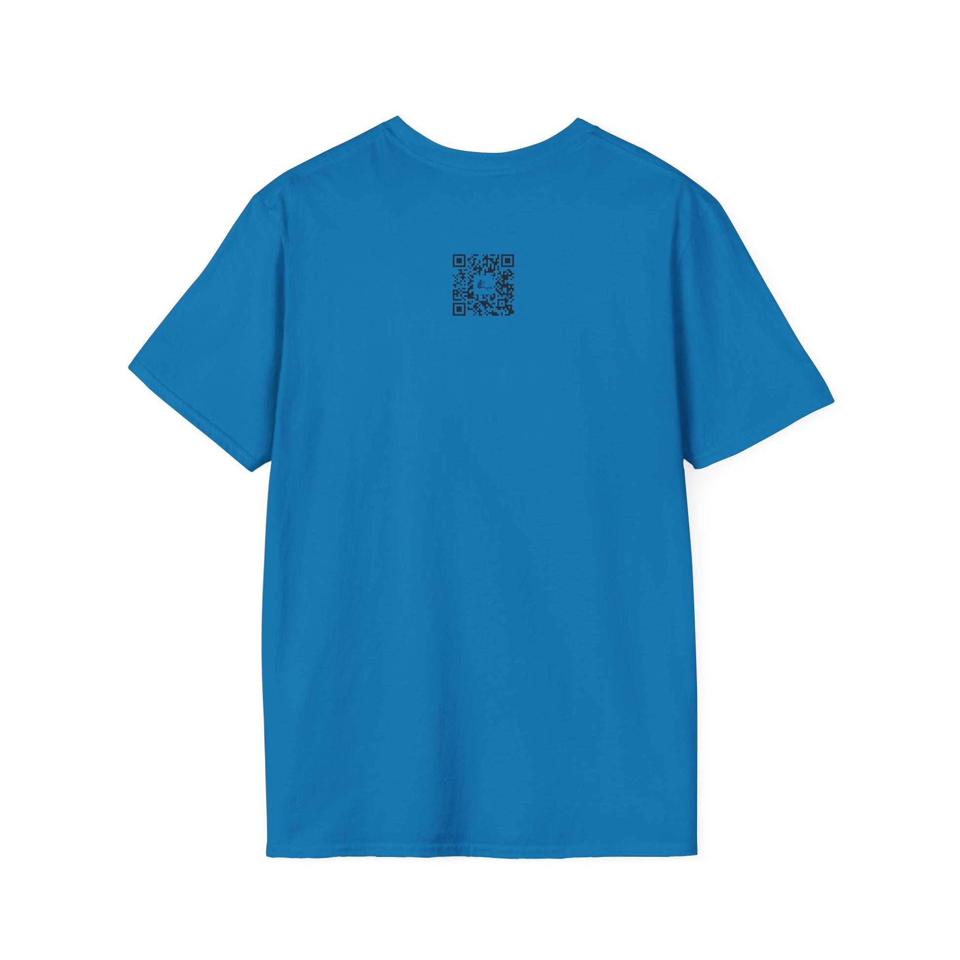 Blue t-shirt with a small black logo on the back against a white background