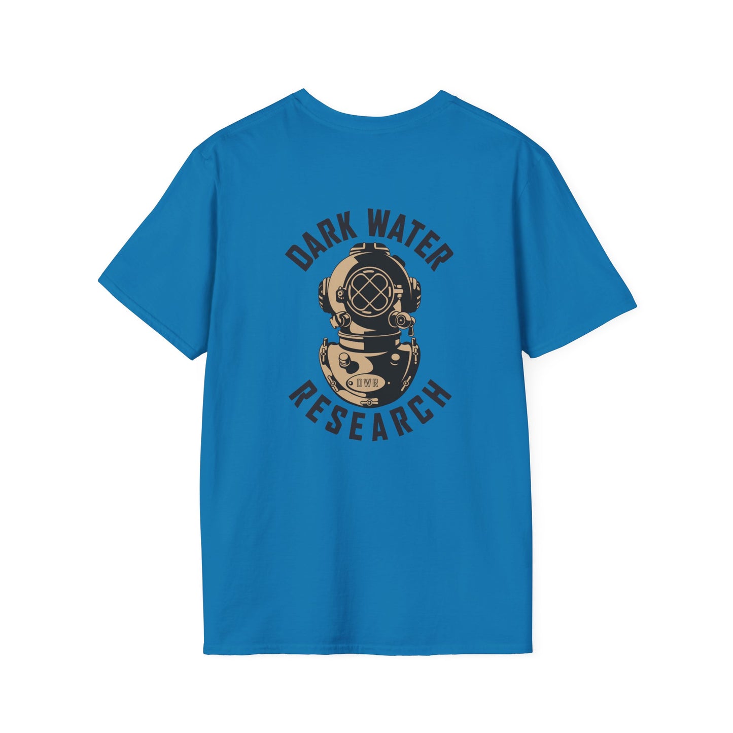 sapphire blue t-shirt with Dark Water Research wording around commercial dive helmet