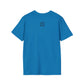 Blue t-shirt with a small QR code logo on the back against a white background