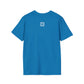 Blue t-shirt with a small QR code logo on the back against a white background