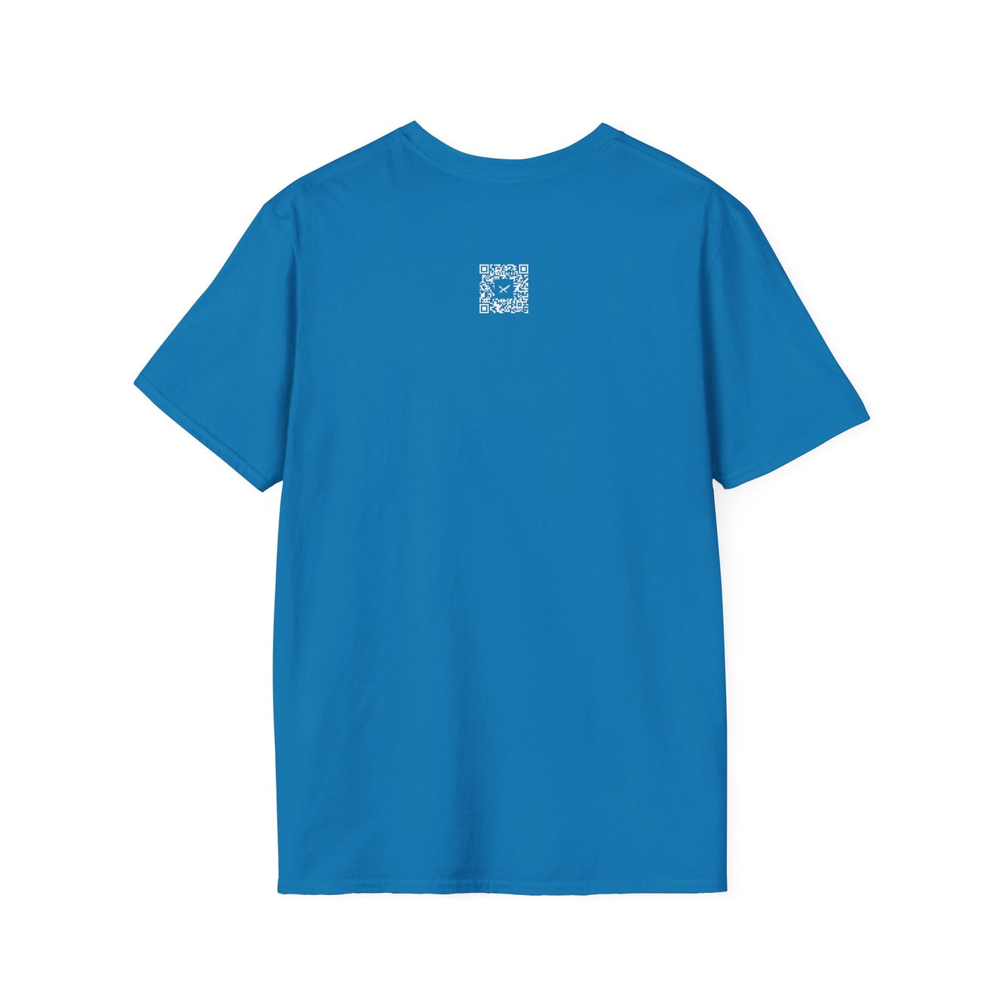 Blue t-shirt with a small QR code logo on the back against a white background
