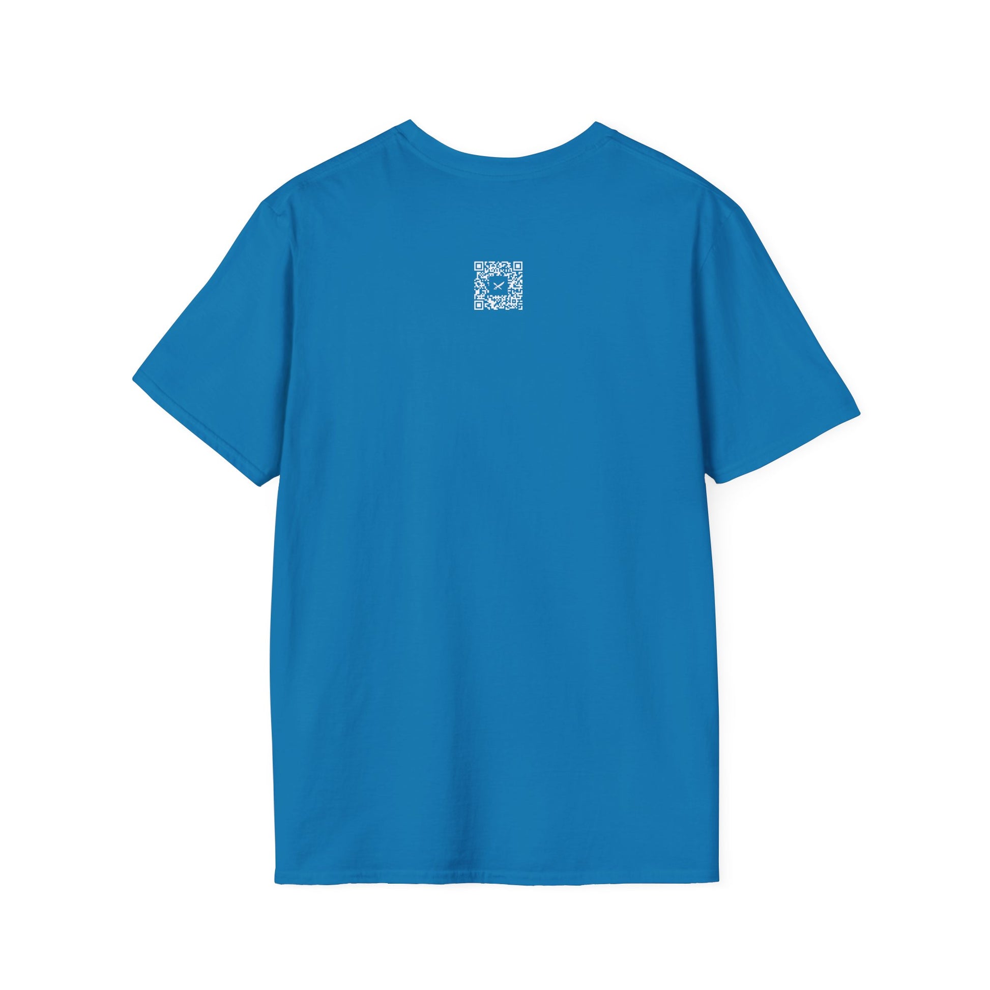 Blue t-shirt with a small QR code logo on the back against a white background