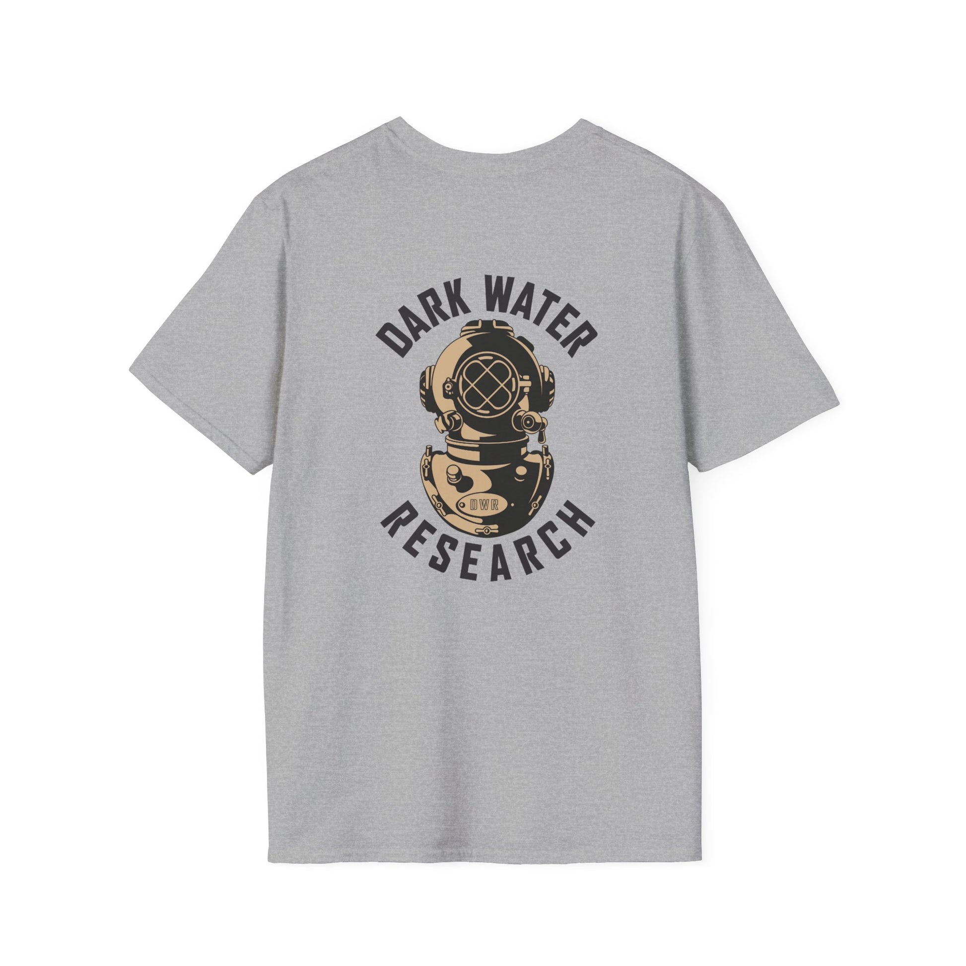 Gray t-shirt with 'Dark Water Research' graphic on a white background