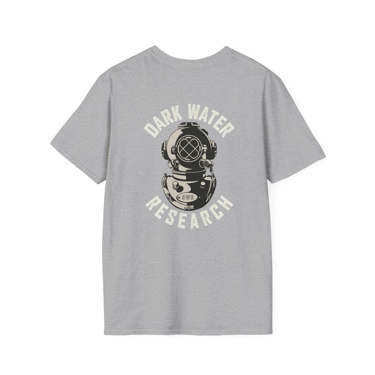 Gray t-shirt with 'Dark Water Research' graphic on a white background