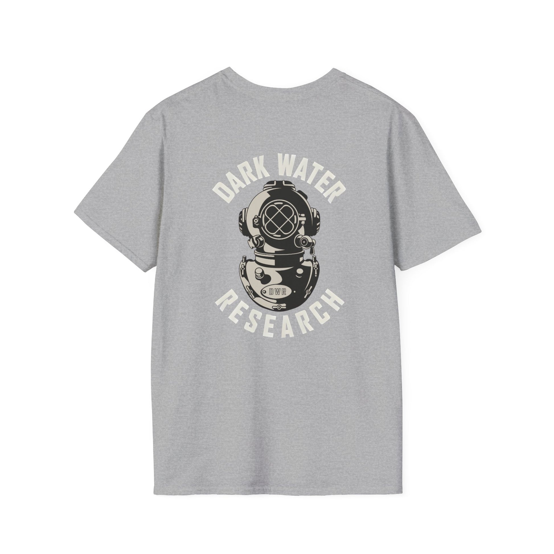 Gray t-shirt with 'Dark Water Research' graphic on a white background