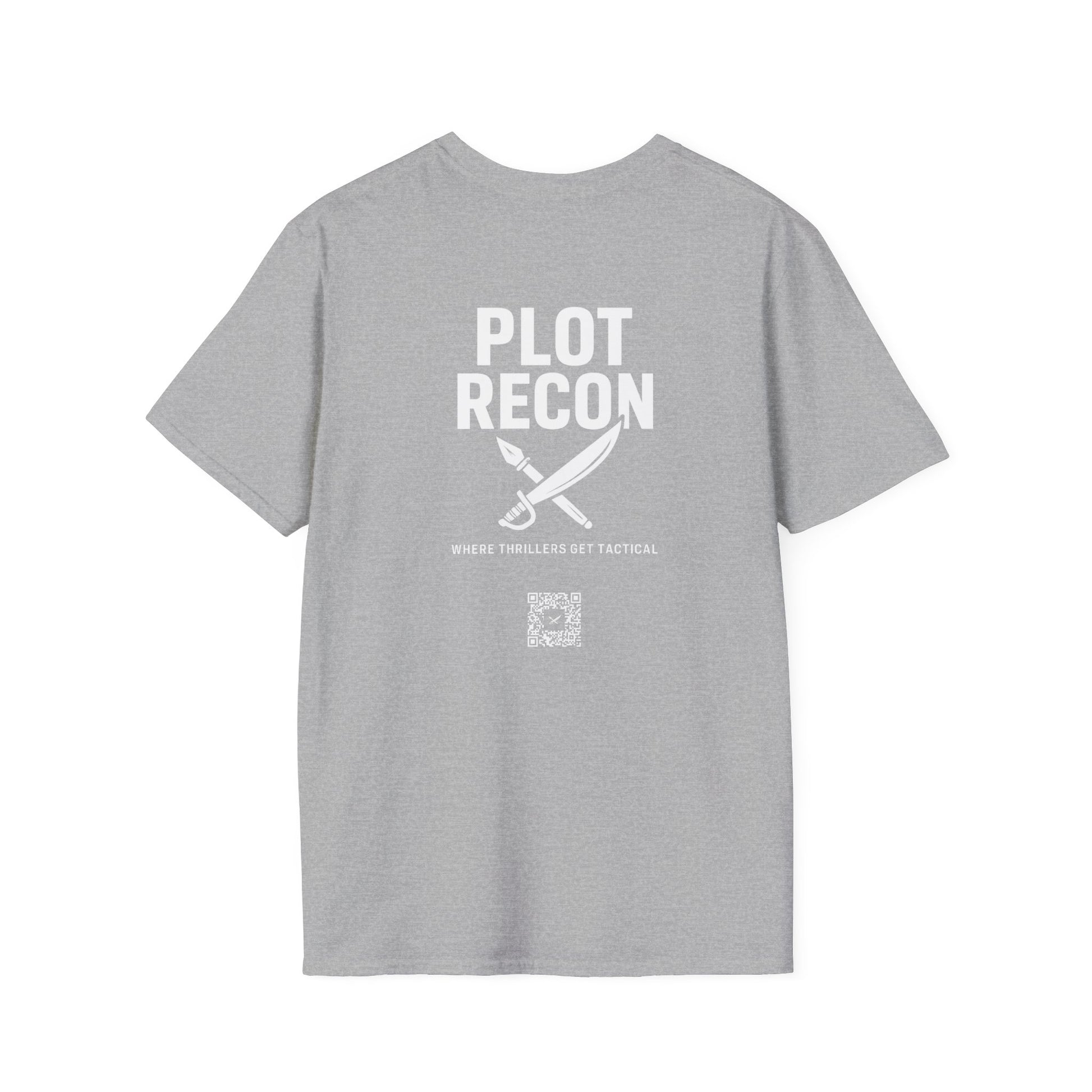 Gray t-shirt with 'PLOT RECON' text and logo on the back against a white background