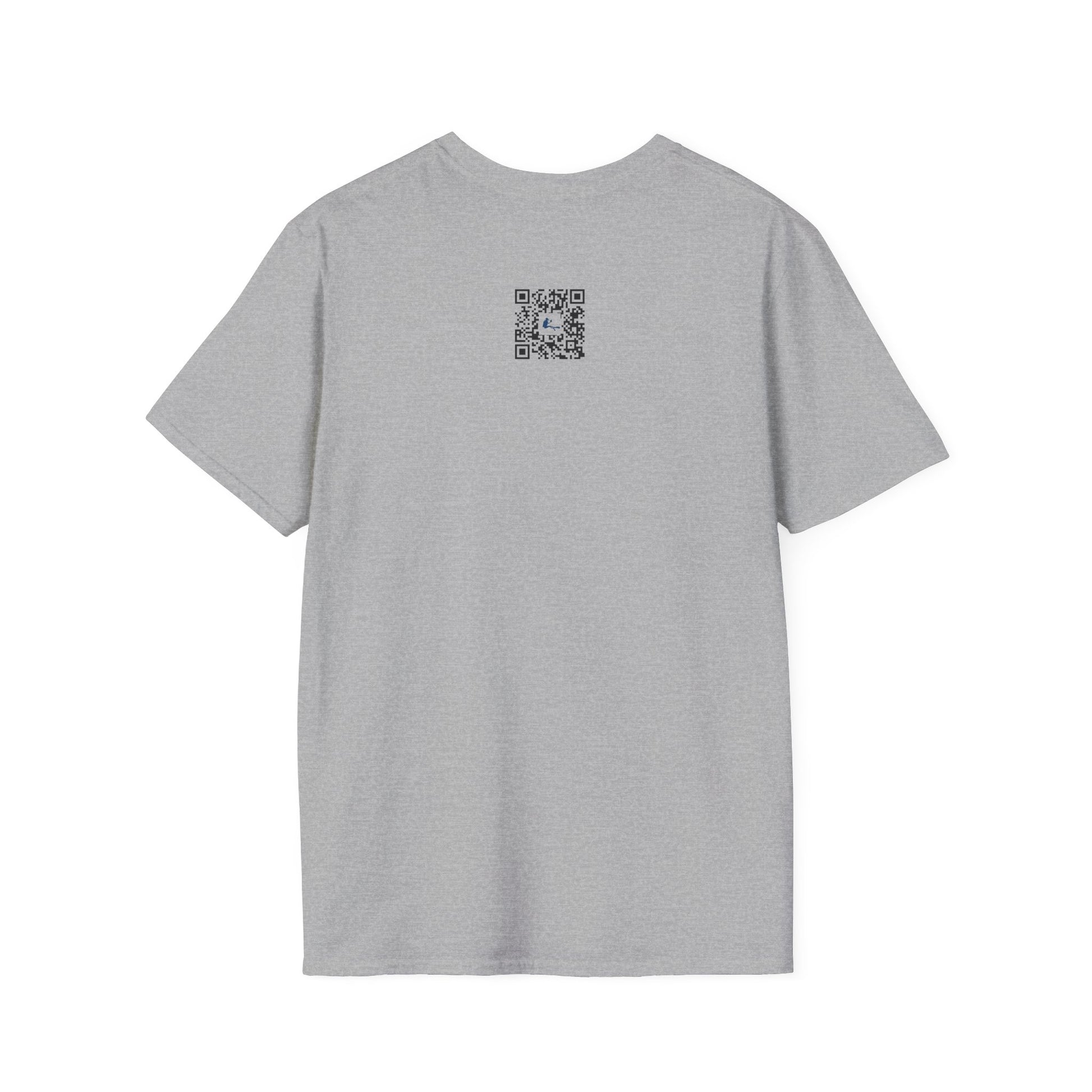 Gray t-shirt with a QR code on the back against a white background