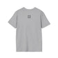 Gray t-shirt with a small QR code logo on the back against a white background
