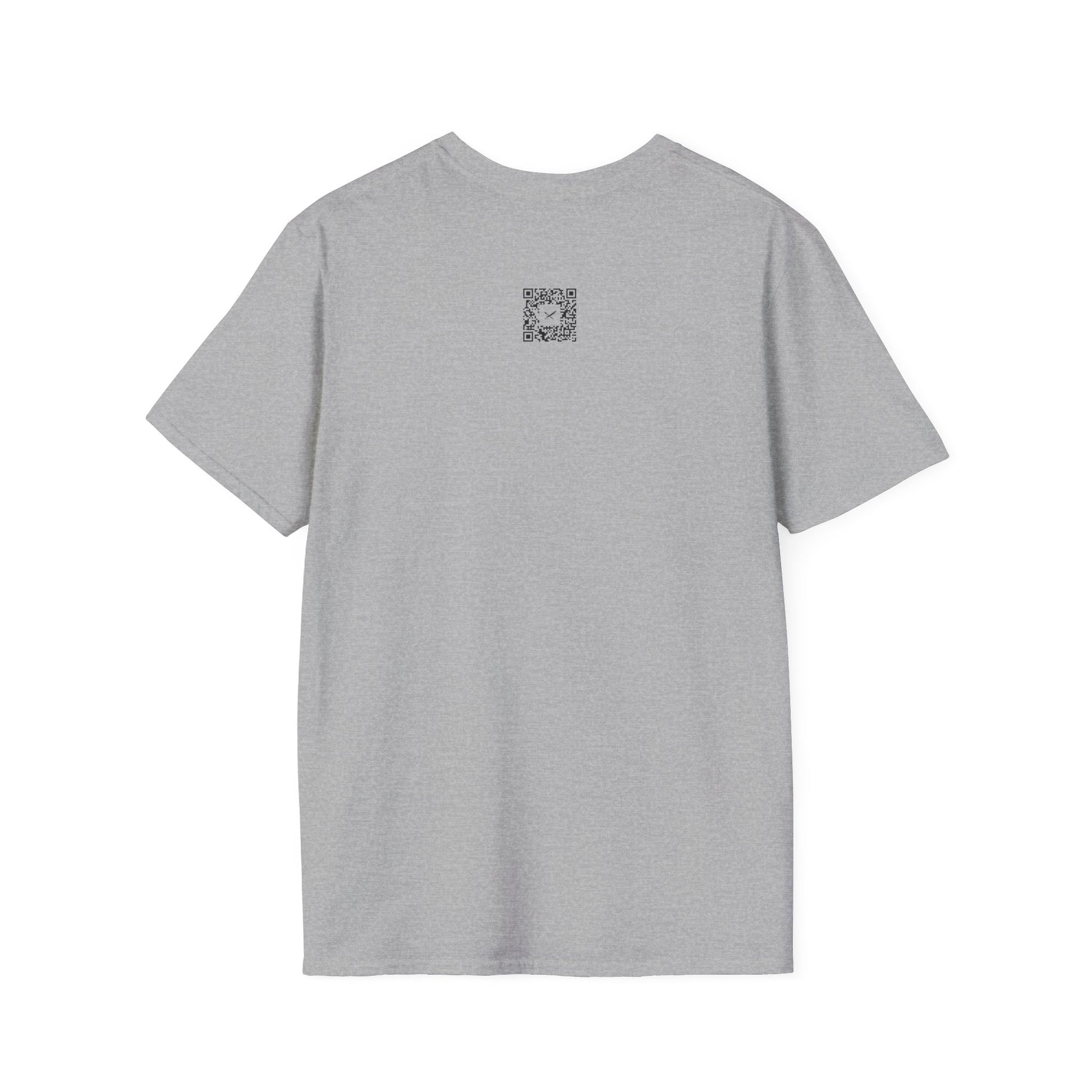 Gray t-shirt with a small QR code logo on the back against a white background