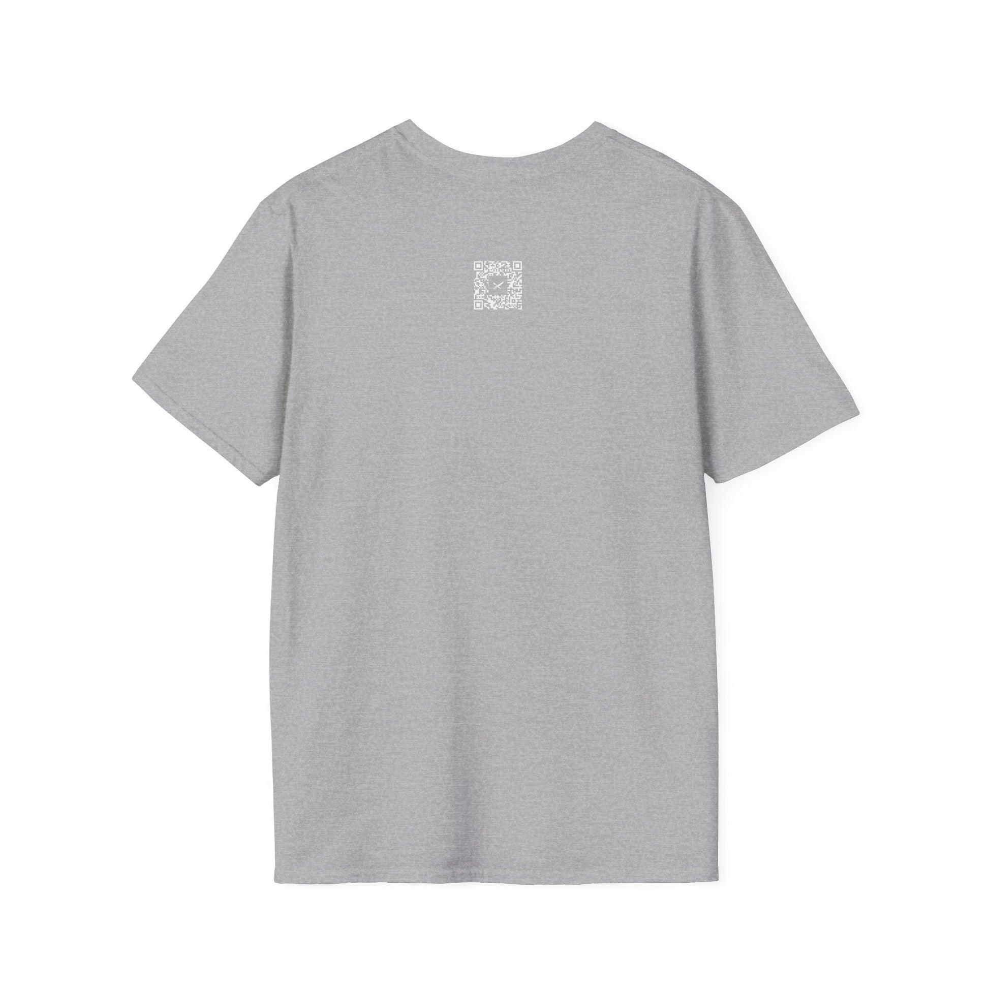 Gray t-shirt with a small QR code logo on the back against a white background