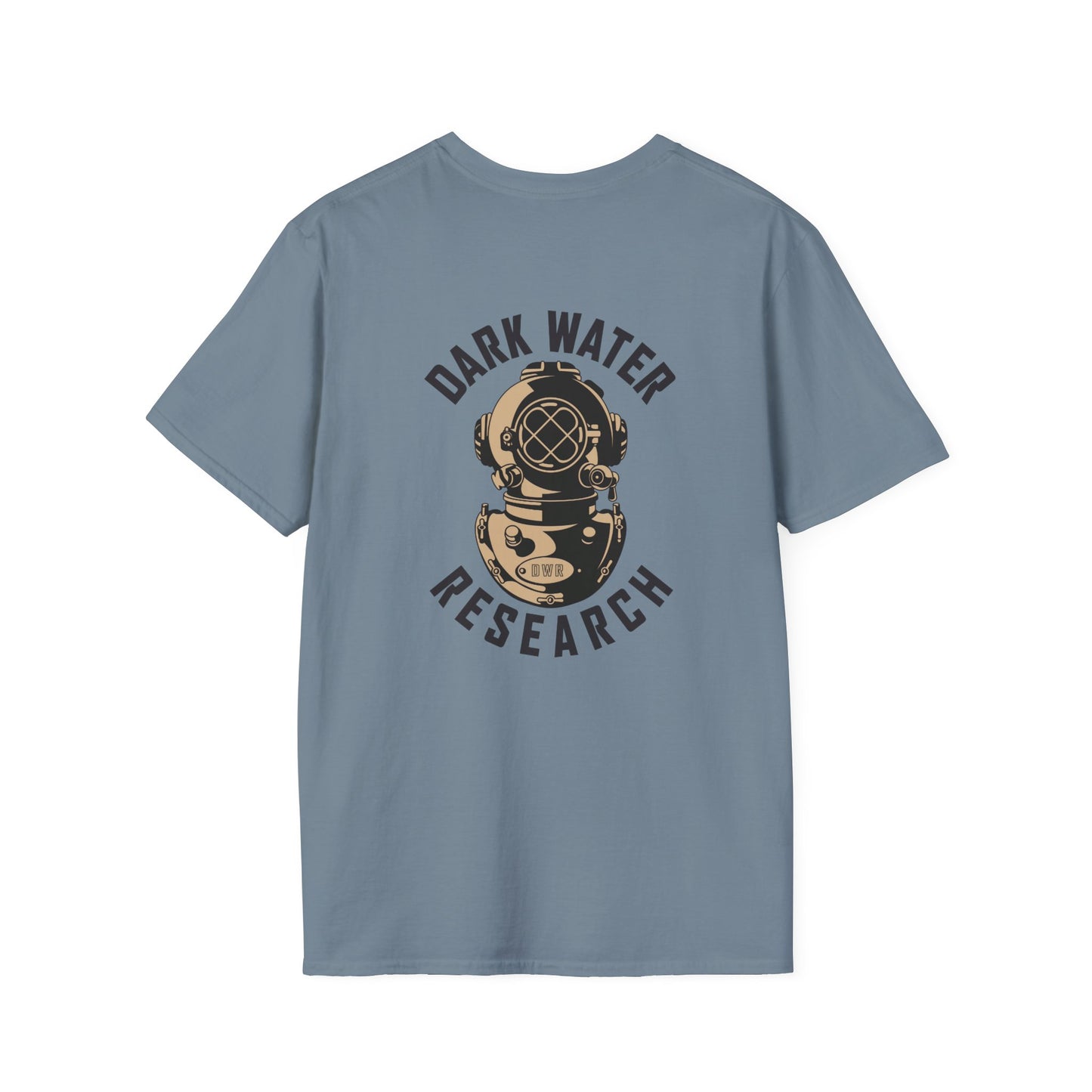 Blue t-shirt with 'Dark Water Research' graphic on a white background