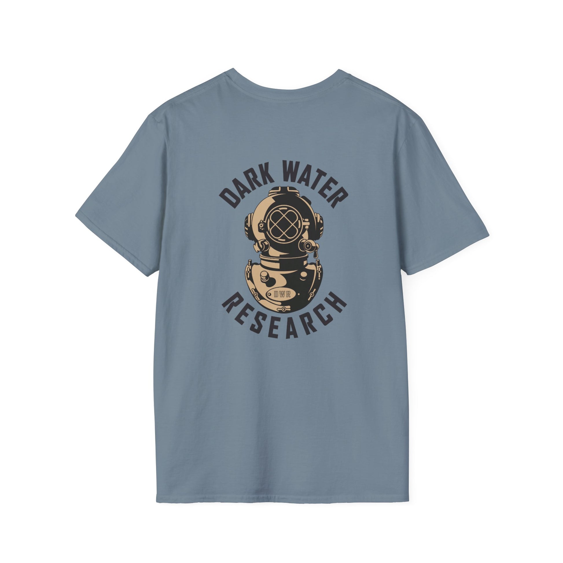Blue t-shirt with 'Dark Water Research' graphic on a white background