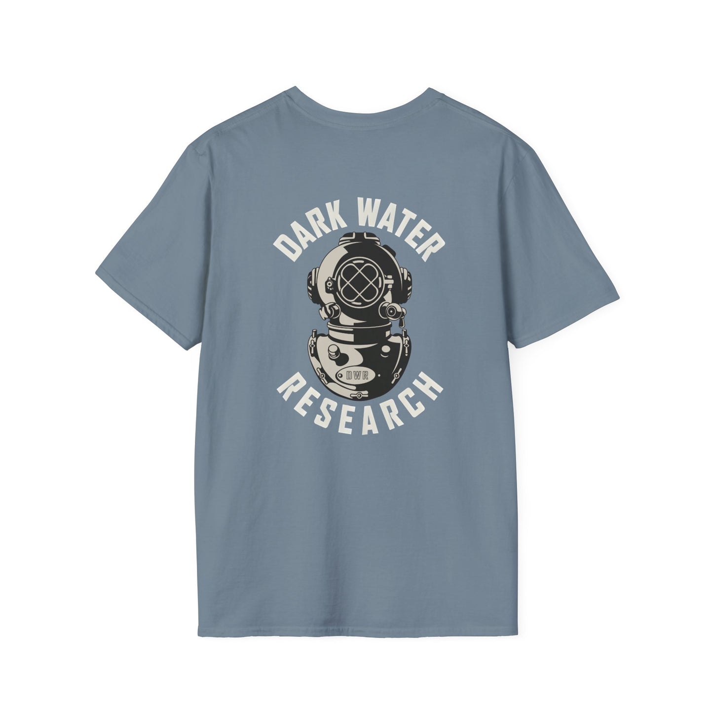 Blue t-shirt with 'Dark Water Research' graphic on a white background