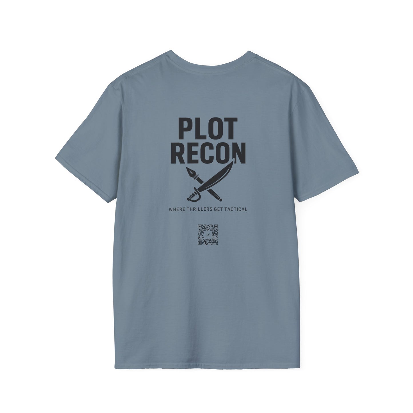 Blue t-shirt with 'Plot Recon' text and a knife graphic on the back, on a white background.