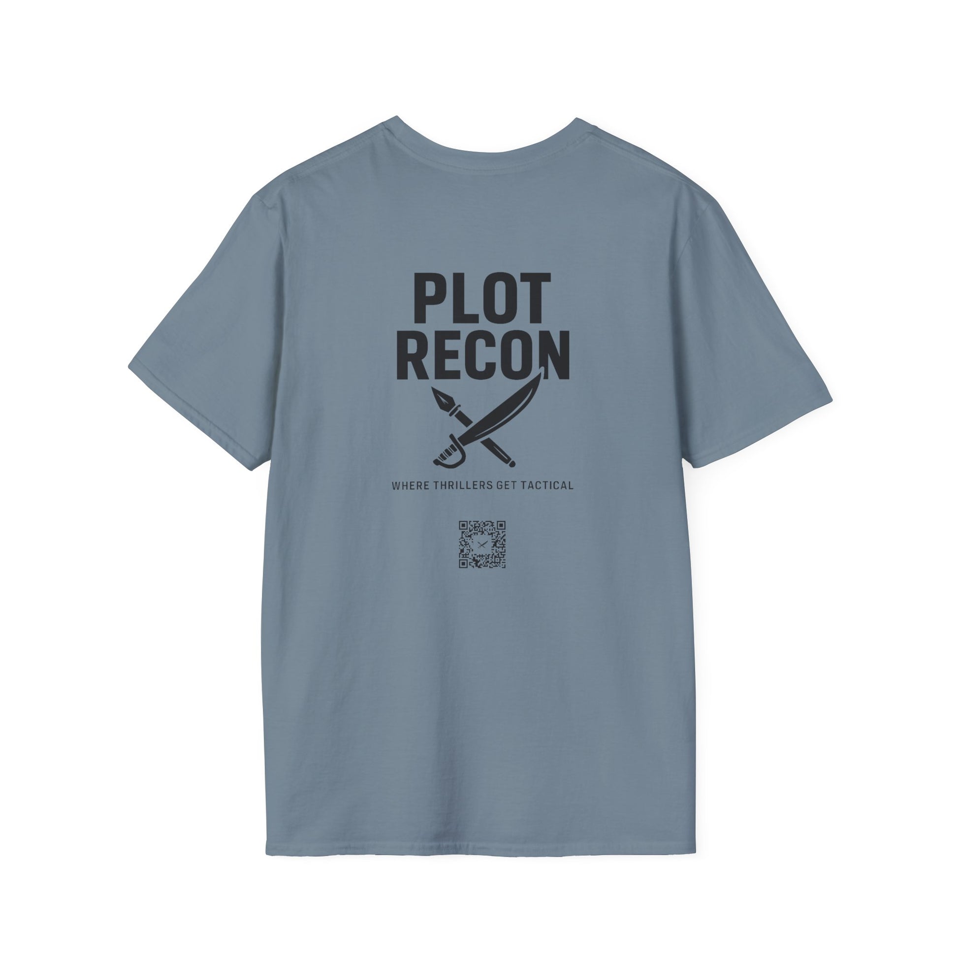 Blue t-shirt with 'Plot Recon' text and a knife graphic on the back, on a white background.