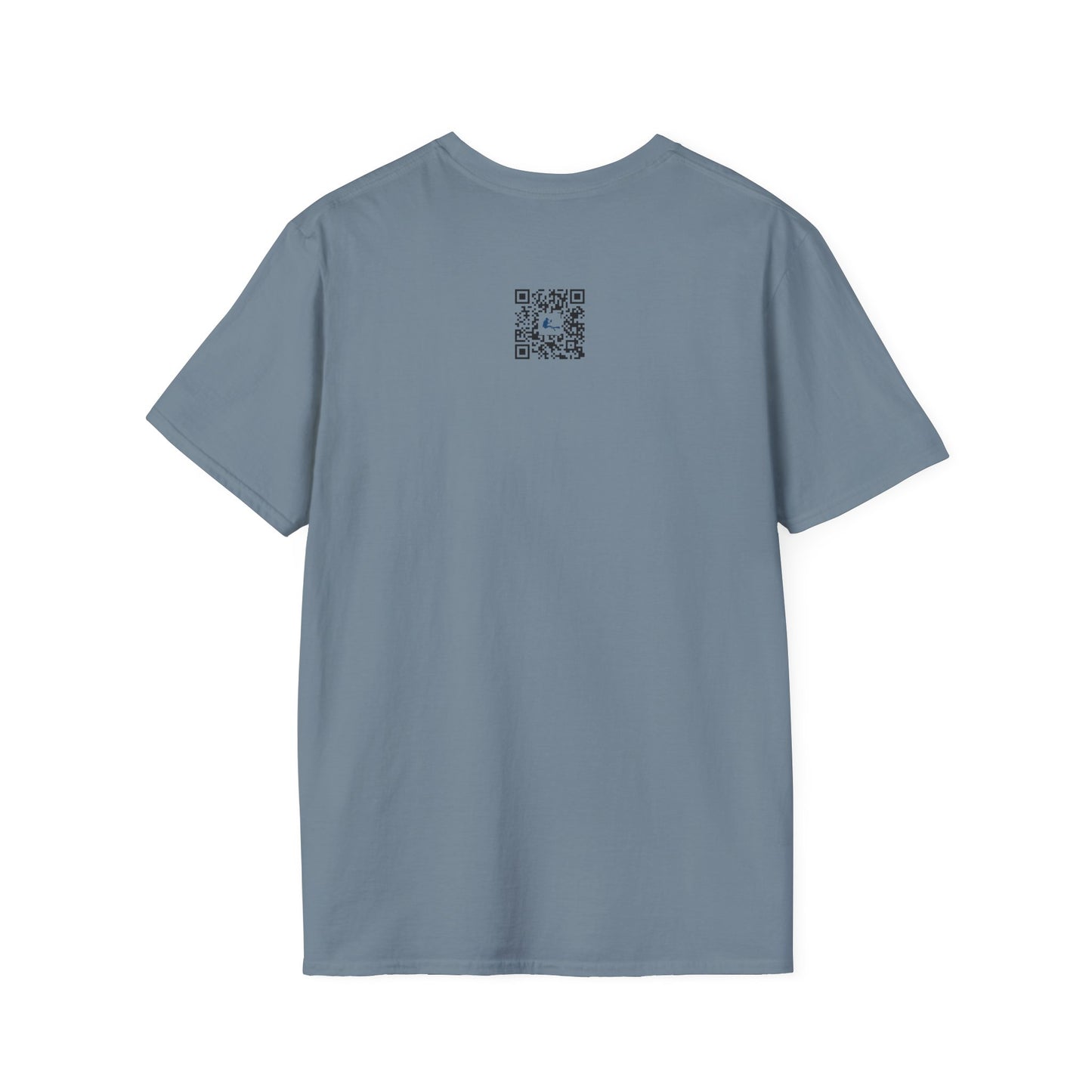 Blue t-shirt with a QR code on the back against a white background