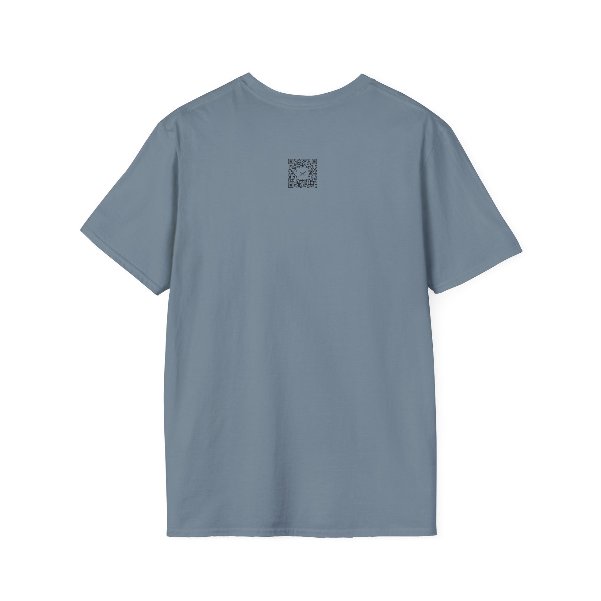 Blue t-shirt with a small QR code logo on the back against a white background