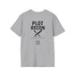 Gray t-shirt with 'Plot Recon' text and logo on a white background
