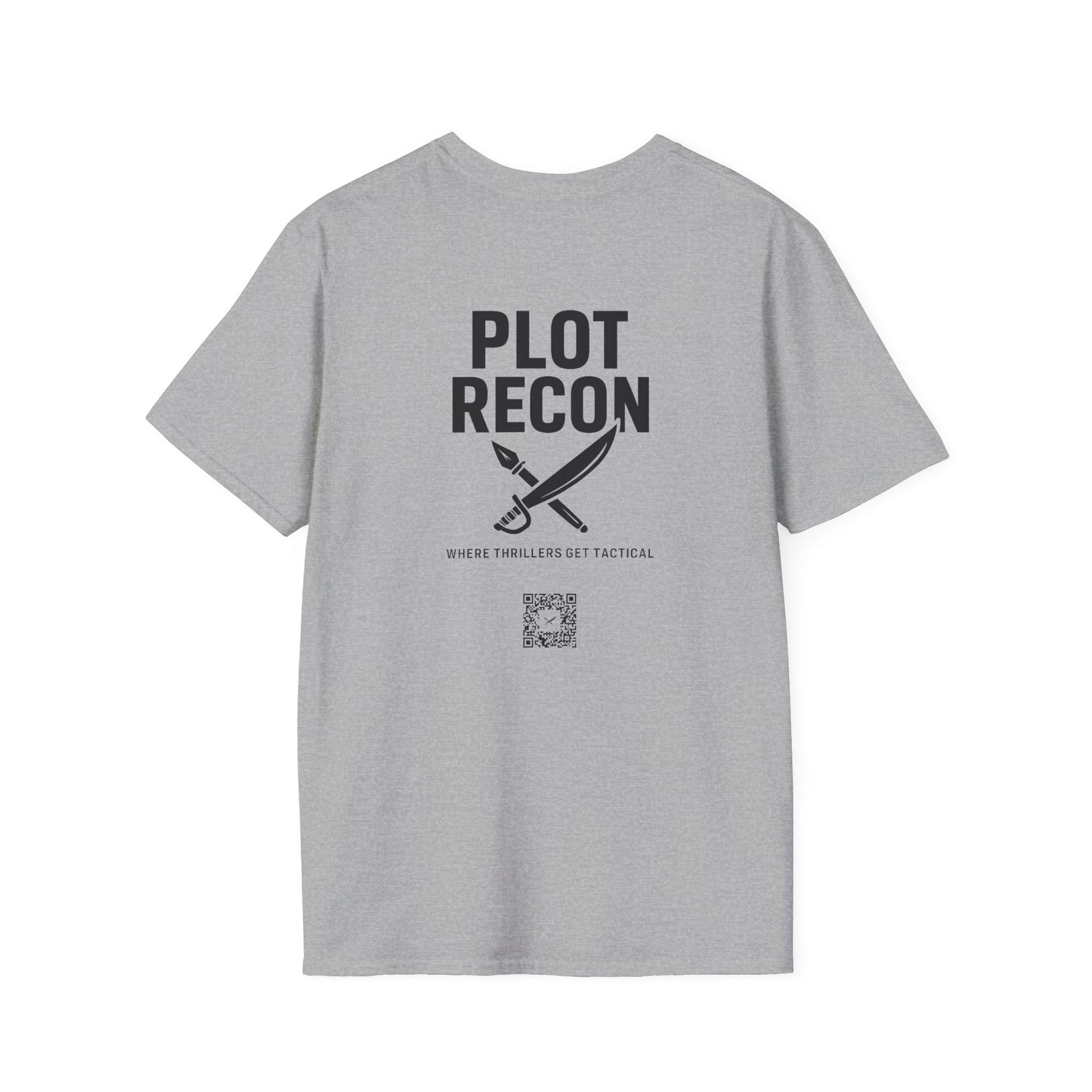 Gray t-shirt with 'Plot Recon' text and logo on a white background