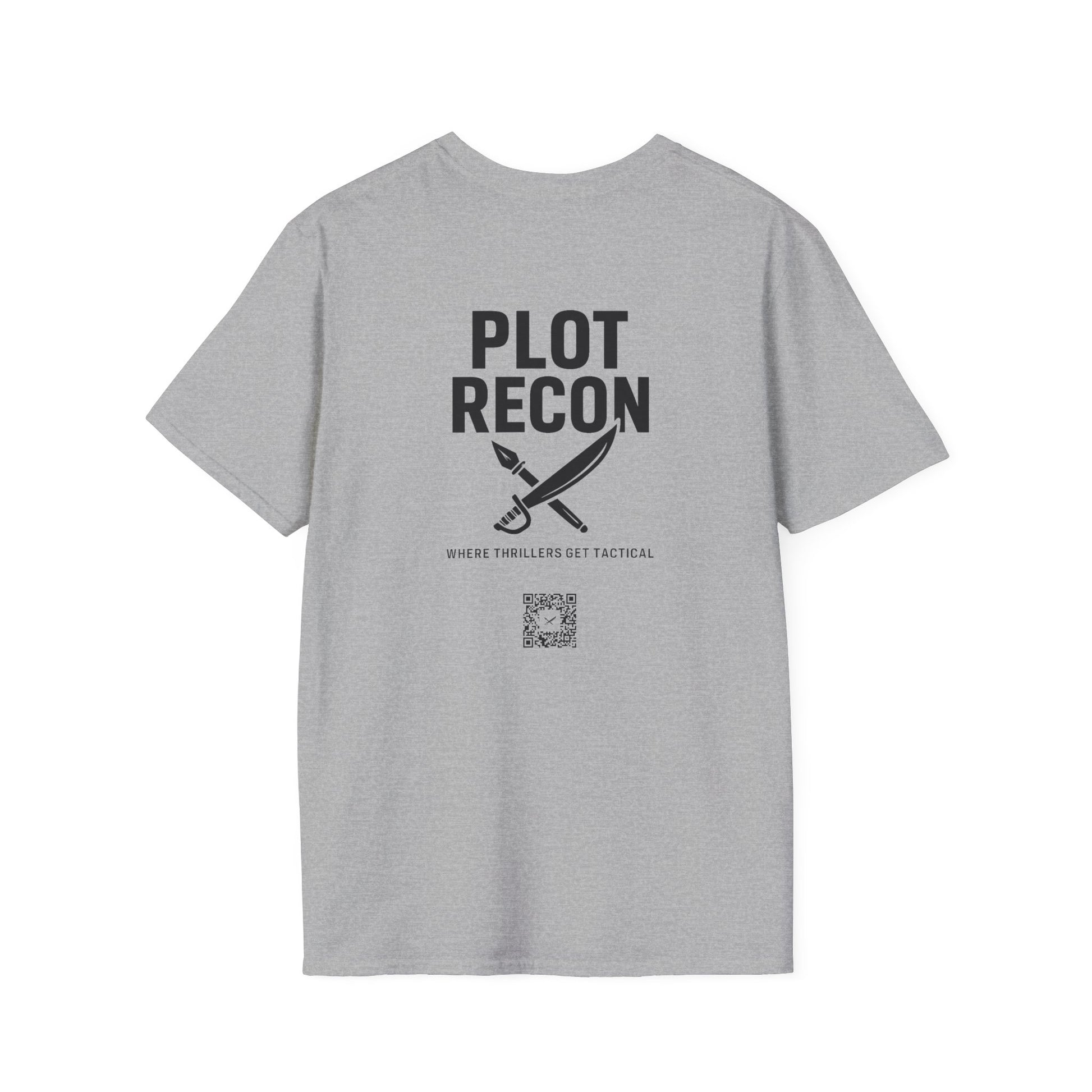 Gray t-shirt with 'Plot Recon' text and logo on a white background