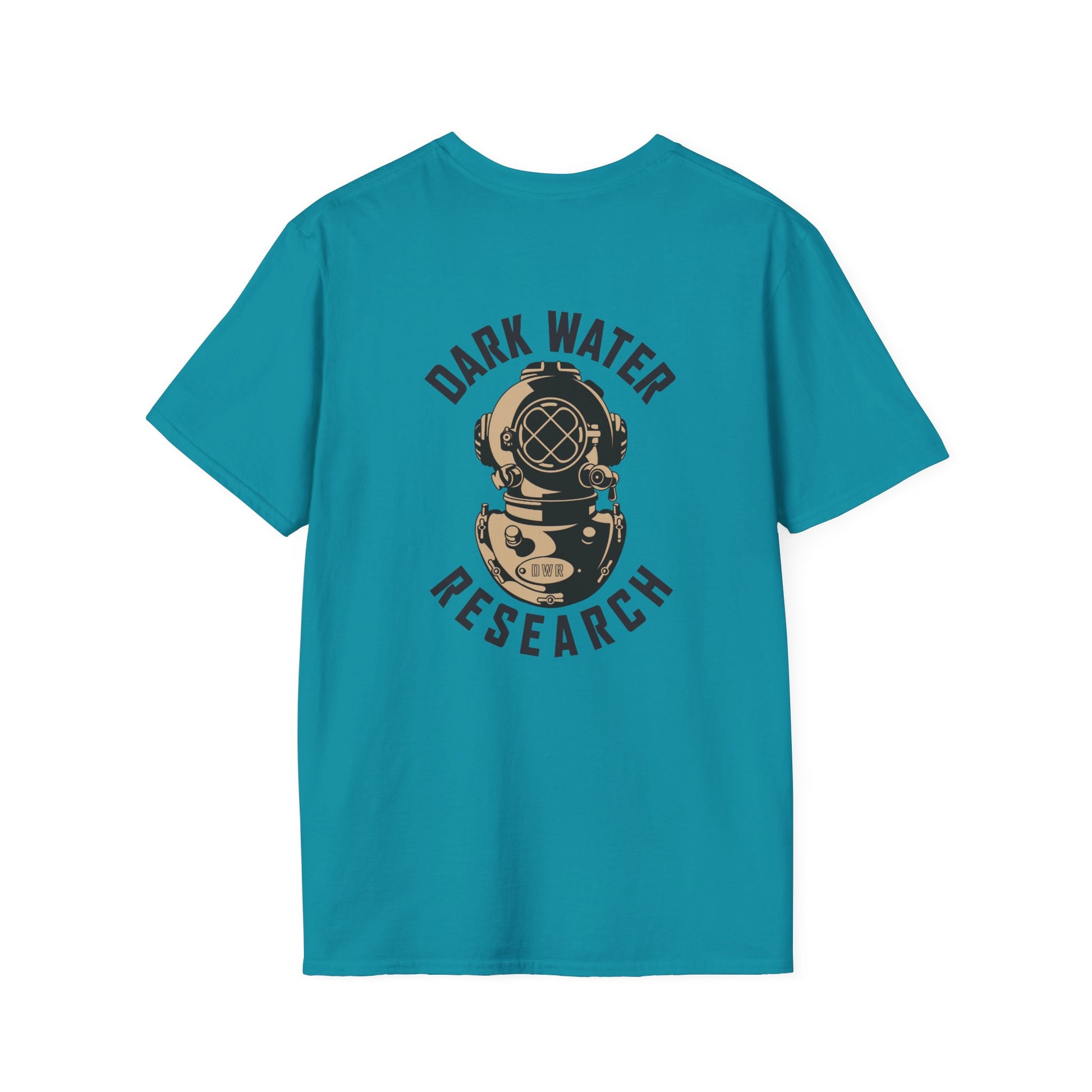 Teal t-shirt with 'Dark Water Research' graphic on the back against a white background