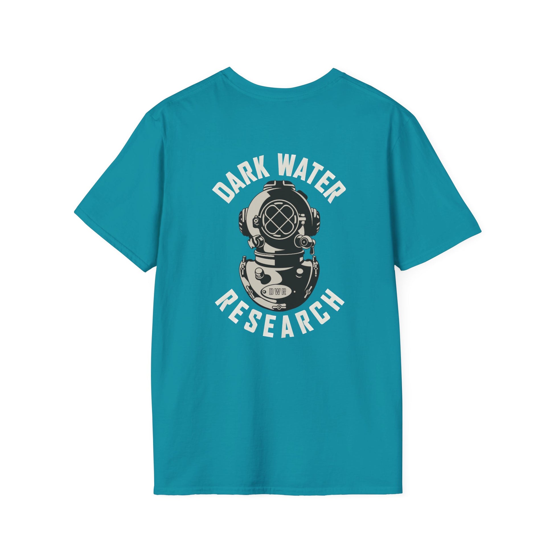 Teal t-shirt with 'Dark Water Research' graphic on the back against a white background