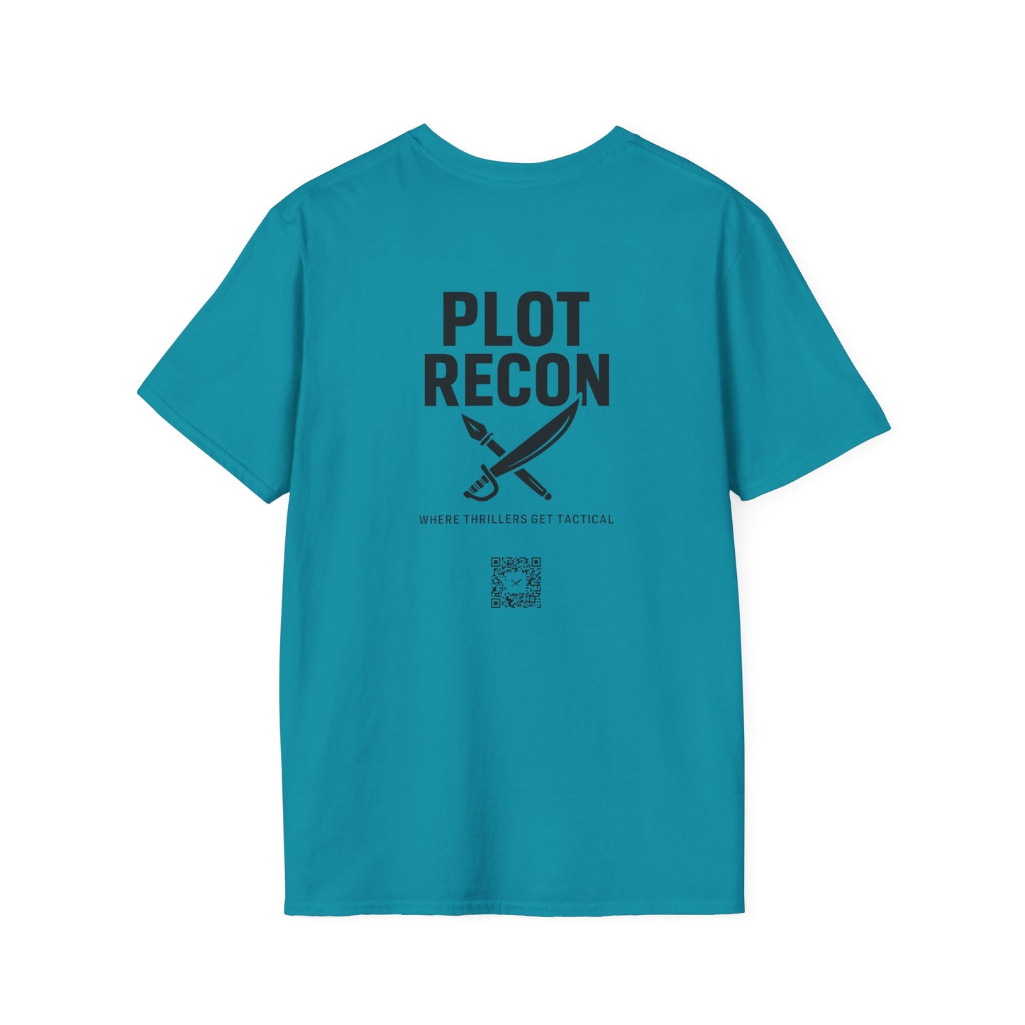 Blue t-shirt with 'PLOT RECON' text and graphic on a white background