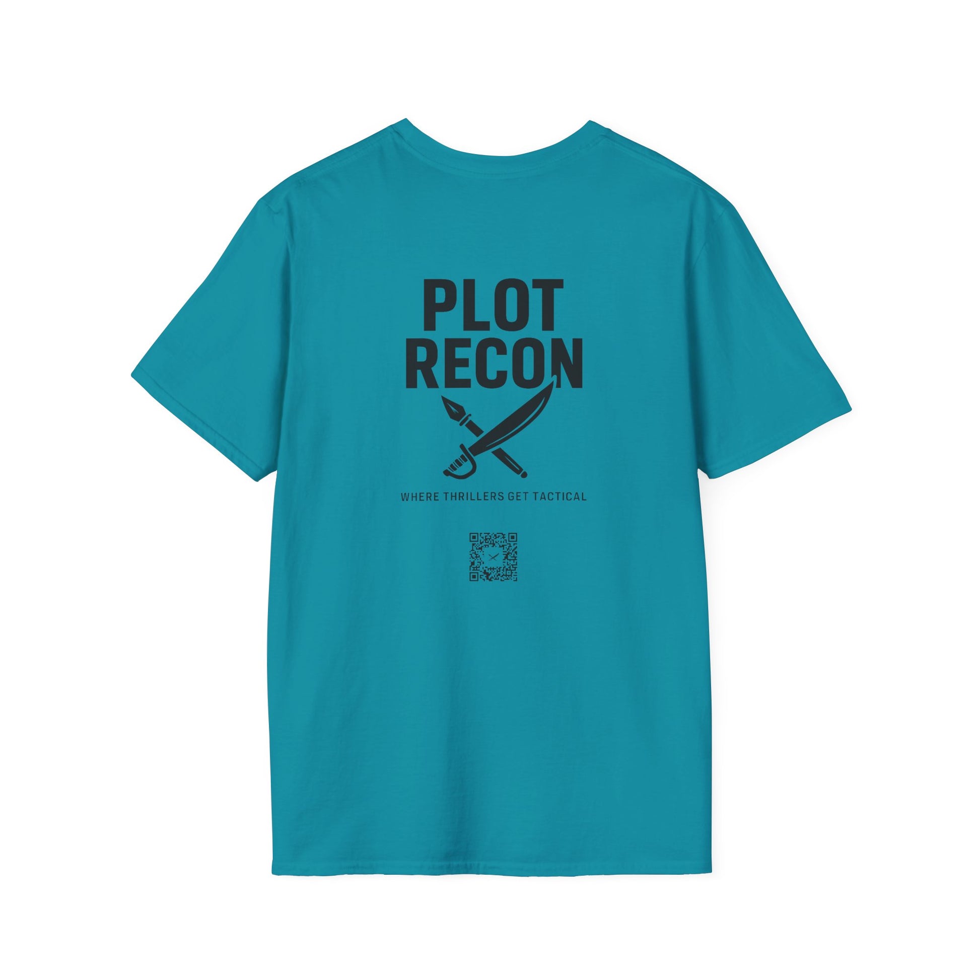 Blue t-shirt with 'PLOT RECON' text and graphic on a white background