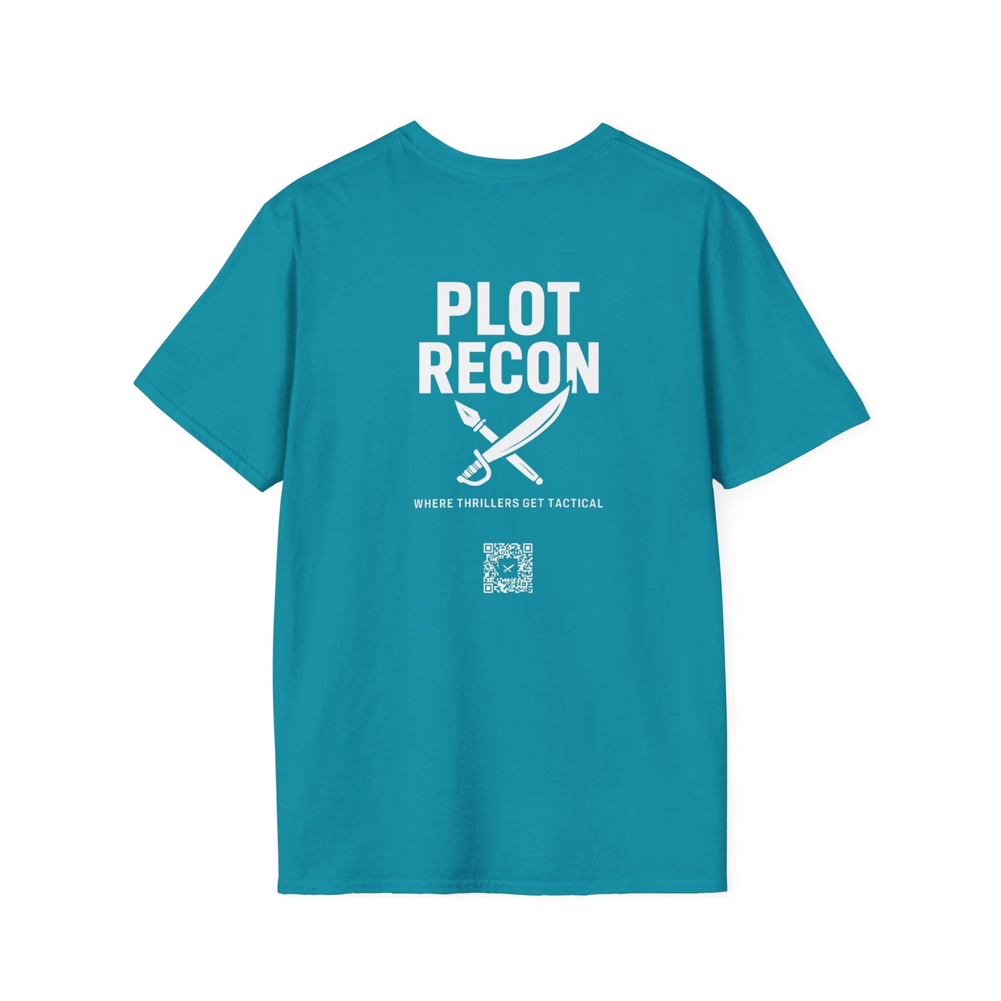 Teal t-shirt with 'PLOT RECON' text and graphic on a white background
